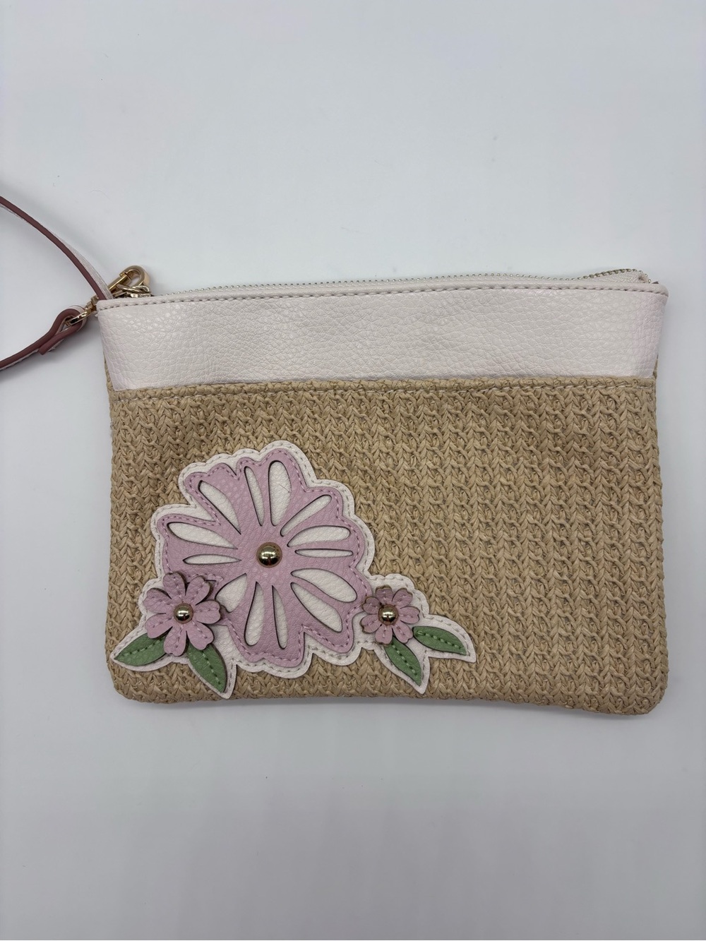 Anne Klein Pink Trim Woven Floral Wristlet Clutch
